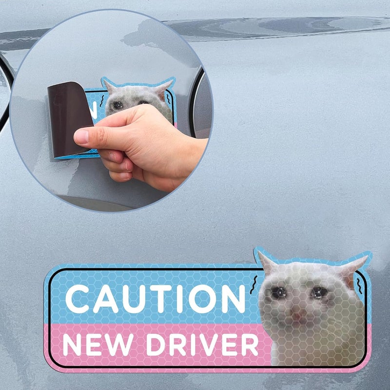 CNhoqc New Driver Car Magnet Reflective Student Driver Sign for Car Bumper Cartoon New Driver Reusable Magnet Sticker for Bumper Safety Sign (4Pcs Crying Cat) - Image 3